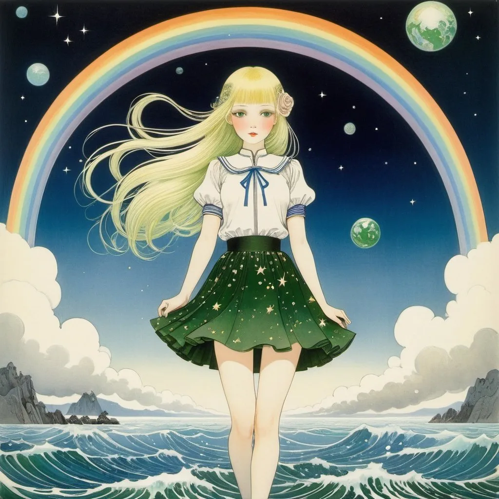 Prompt: Kay Nielsen, Rose O'Neill, Surreal, mysterious, strange, fantastical, fantasy, Sci-fi, Japanese anime, sea, microorganisms, green, earth, stars, sky, rainbow, blonde miniskirt beautiful girl Alice, perfect voluminous body, detailed masterpiece 