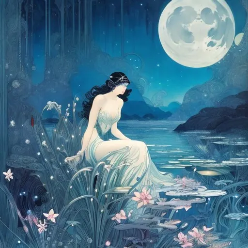 Prompt: Kay Nielsen, James Jean, Japanese Anime, Mysterious Strange Fantastic Sci-Fi Fantasy Narcissus Blooming on a Moonlit Night, Lake, Fairy Girl, unearthly beauty, perfect body, Moonlight Bathing, hyperdetailed high resolution high definition high quality masterpiece