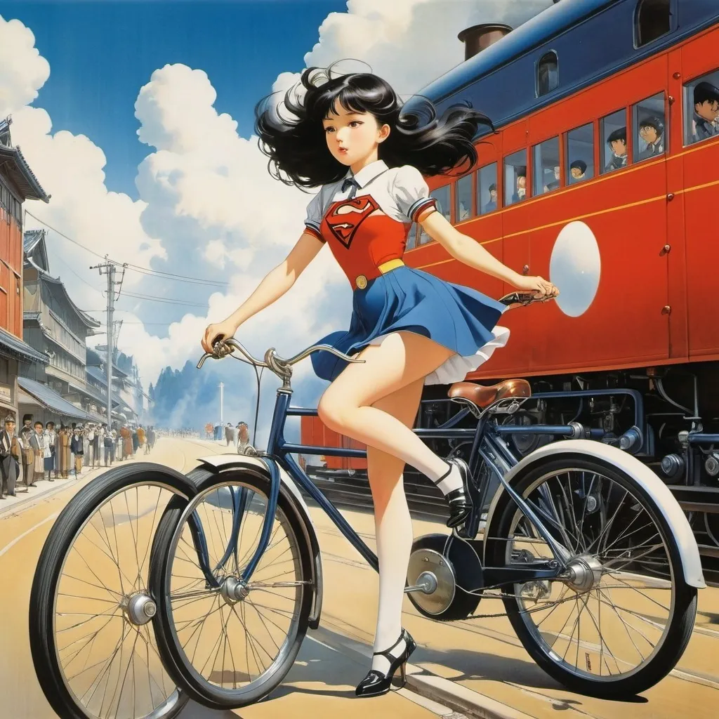 Prompt: Tadeusz Gronowski, Mitsumasa Anno, Yoshitaka Amano, Kay Chorao, Mabel
Attwell, Surrealism, wonder, strange, bizarre, fantasy, Sci-fi, Japanese anime, love and steam engine bicycle race, super man and miniskirt beautiful high school girl, perfect voluminous body, detailed masterpiece 