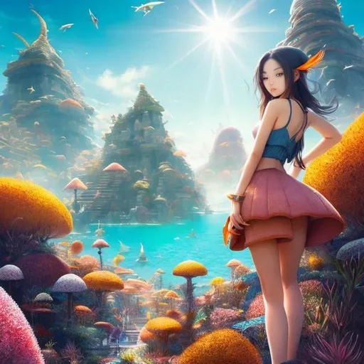 Prompt: Tomoyoshi Murayama Art, mario laboccetta illustrator, Surreal, mysterious, strange, fantastical, fantasy, Sci-fi, Japanese anime, geometric three-dimensional sculptor's garden, amber sea, miniskirt beautiful girl on the roof, perfect voluminous body, detailed masterpiece 