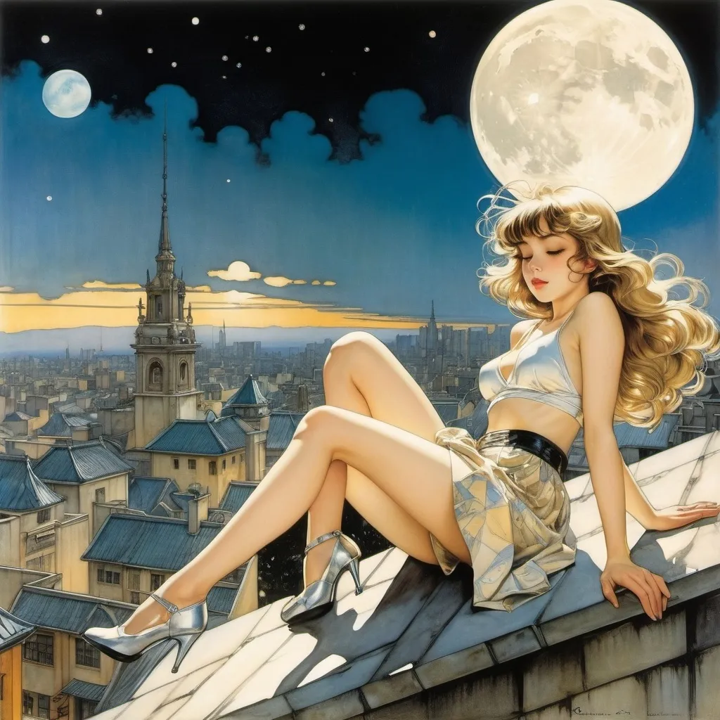 Prompt: Arthur Rackham, Hajime Sorayama, Kazumi Kazui, Elizabeth Shippen Green, Frank Leyendecker, Surrealism, wonder, strange, bizarre, fantasy, Sci-fi, Japanese anime, city date and time bell, bright sky map on a triangular street corner, the moon and a beautiful high school girl in a miniskirt sleeping on the roof, perfect voluminous body, detailed masterpiece low high angles perspectives 