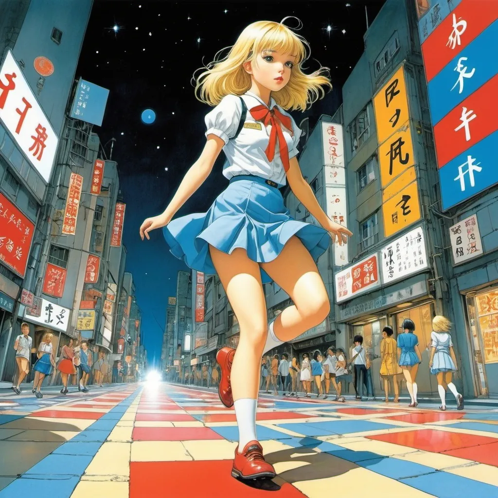 Prompt: Katsuhiro Otomo, Katie Risor, Avogado6, Patricia Polacco, Erin E. Stead, Surrealism, wonder, strange, fantastical, fantasy, sci-fi, Japanese anime, a beautiful blonde miniskirt girl Alice enjoying a game of hopscotch in the middle of the night, perfect voluminous body, a deserted city, detailed masterpiece 