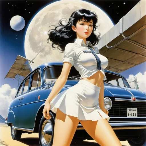 Prompt: Honor Appleton, Runa Førde, Noriyoshi Ohrai, Leon Bakst, Hajime Sorayama, Surrealism Mysterious Weird Fantastic Fantasy Sci-Fi, Japanese Anime, Tracked Car Moon, Weekend Adventure, Miniskirt Beautiful High School Girl's Excursion, perfect voluminous body, detailed masterpiec 