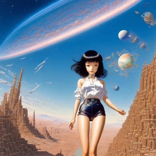 Prompt: Katsuhiro Otomo, Jean Giraud, Frank Pape, Jim burns, Surreal, mysterious, bizarre, fantastical, fantasy, Sci-fi, Japanese anime, a machine called the world, cybernetic fiction, soft machines, science and literature, science always influences the human view of the universe and humanity. Miniskirt beautiful girl, perfect body, hyper detailed masterpiece high resolution definition quality, depth of field cinematic lighting 