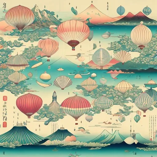 Prompt: Ukiyo-e style　Colored pencil drawing anime　surreal　absurderes　wondrous　strange　Whimsical　Sci-Fi Fantasy　Element symbol　seashells　lighthouse　balloon　Fallen Angel　Microcosmos