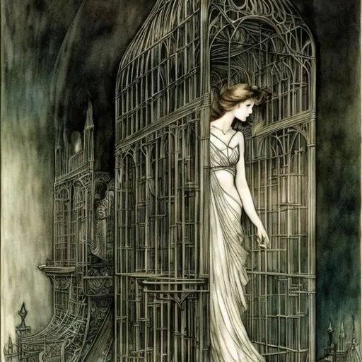 Prompt: Arthur Rackham, Giorgio de Chirico, Surreal, mysterious, strange, fantastical, fantasy, sci-fi, Japanese anime, the body is a cage of consciousness, the head is the key to the cage, a beautiful girl in a miniskirt, perfect voluminous body, detailed masterpiece 