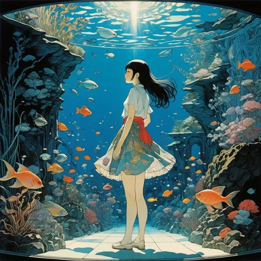 Prompt: Harry Clarke, Aaron Douglas, Yuko Shimizu, George Cruikshank, Katsuya Terada, Surrealism, wonder, strange, bizarre, fantasy, Sci-fi, Japanese anime, natural history in an aquarium, indoor ocean, aquatic animals and a beautiful high school girl in a miniskirt, perfect voluminous body, detailed masterpiece 