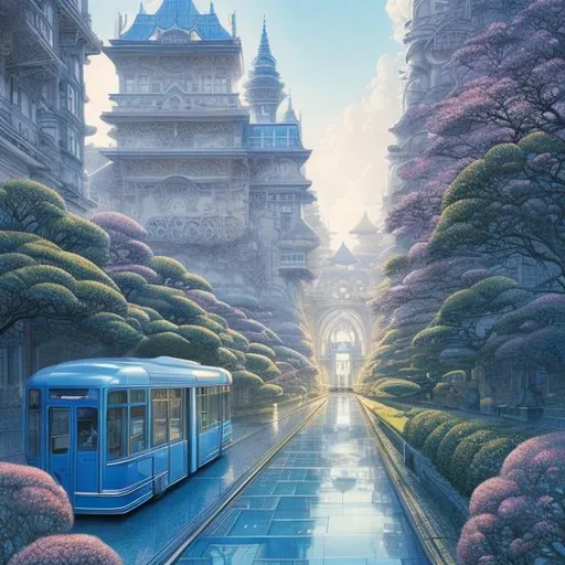 Prompt: François Schuiten, Katsuya Terada, Mabel Attwell, Surreal, mysterious, strange, fantastical, fantasy, Sci-fi fantasy, anime, rare camera, galloping lady, riding a blue bus in spring, parquet, novels are huge architecture, detailed masterpiece 