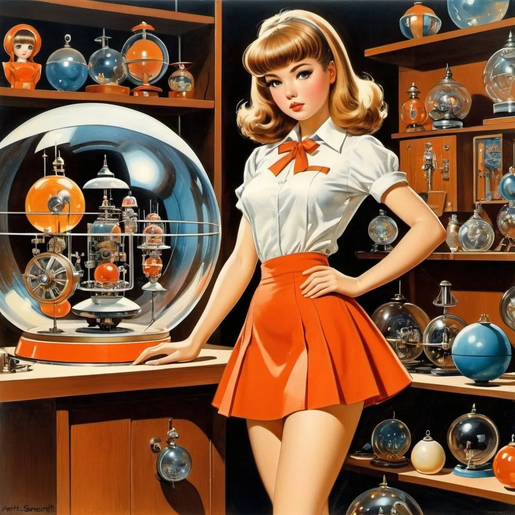 Prompt: Arthur Sarnoff, Charles Robinson, Surreal, mysterious, strange, fantastical, fantasy, Sci-fi, Japanese anime, science of dolls and optical equipment, miniskirt beautiful girl, perfect voluminous body, detailed masterpiece 