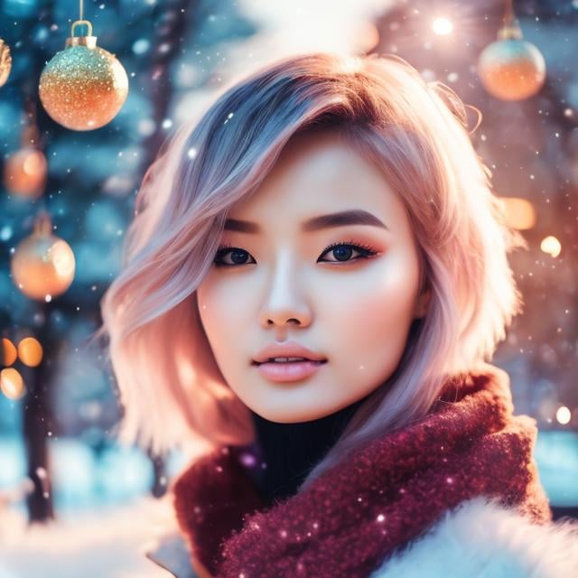 Prompt: Martyna Nejman, Kiyoko Arai, Surreal, mysterious, strange, fantastical, fantasy, Sci-fi, Japanese anime, beautiful girl from Mars enjoying Christmas shopping, short-haired, boyish, perfect voluminous body, detailed masterpiece cinematic lighting 