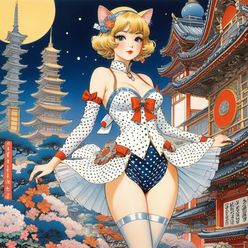 Prompt: Katsuhiro Otomo, Mitsumasa Anno, Fujishima Takeji, George Barbier, George Him, Surrealism Mysterious Weird Fantastic Fantasy Sci-fi, Japanese Anime, Ribbon, Polka Dots, Cat, Flower, Mini Skirt Beautiful Princess, perfect voluminous body, Jewelry Box, Pataphysic, detailed masterpiece