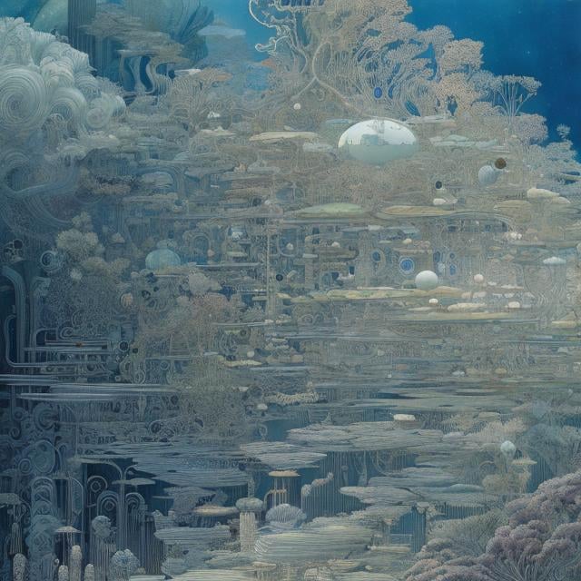 Prompt: Kay Nielsen, Katsuhiro Otomo, Masamune Shirow, Heath Robinson, Japanese Anime, Surreal Mysterious Weird Fantastic Fantasy Sci-Fi, Fantastic, A galaxy sleeping at the bottom of the ocean, hyper detailed, high resolution high definition high quality masterpiece 