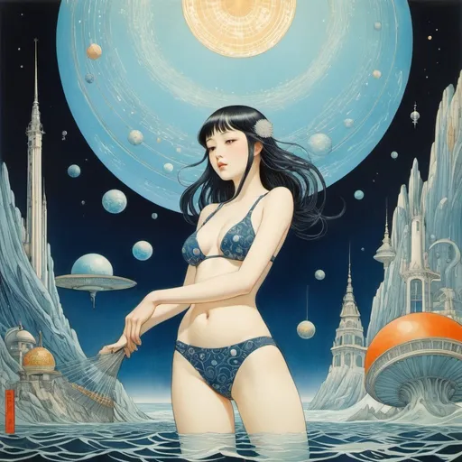 Prompt: Takuya Fujima, Kay Nielsen, Usamaru Furuya, Hannah Frank in full colours, Eugène Grasset, Surrealism, wonder, strange, fantastical, fantasy, Sci-fi, beautiful girl in a school swimsuit sinking forever in the deep sea of ​​the internet, perfect voluminous body, architecture, mathematics, physics, chemistry, astronomy, detailed masterpiece connected world 