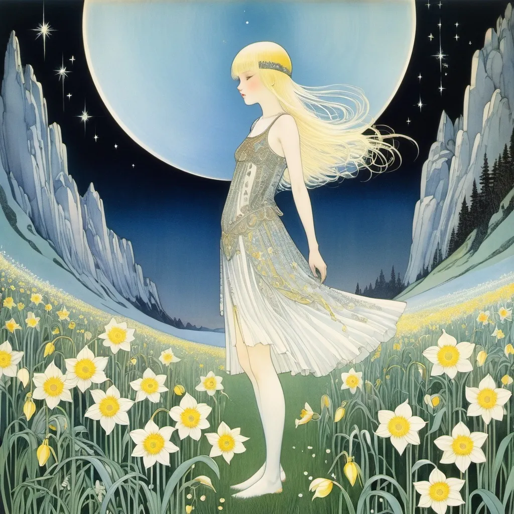 Prompt: Kay Nielsen, Albert Morrow, Helen Stratton full colours, Elizabeth Joyce Rivers, Yuu Watase, Surrealism, wonder, strange, fantastical, fantasy, Sci-fi, Japanese anime, a meadow of crystal daffodils at midnight, a beautiful high school girl in a miniskirt wandering in search of the North Star, perfect voluminous body, detailed masterpiece 