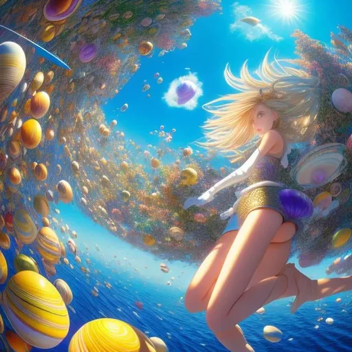 Prompt: Harald Wiberg, Masamune Shirow, Multicolored hand-drawn surreal, mysterious, bizarre, fantastic, fantasy, Sci-fi, Japanese anime, seashells on the shores of the galaxy, a sailing spaceship, beautiful blonde miniskirt girl Alice, perfect voluminous body, wide-angle bird's-eye view, detailed masterpiece 