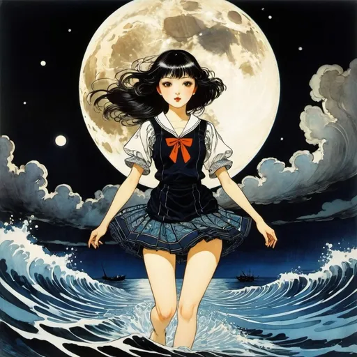 Prompt: Walter Crane, Harry Clarke, Hashimoto Kansetsu, Matsuri Hino, Kazue Kato, Surrealism, mysterious, strange, bizarre, fantasy, sci-fi, Japanese anime, a full moon blazing high in the sky, a black ocean in the darkness, a beautiful high school girl in a miniskirt running across the surface of the water, perfect voluminous body, detailed masterpiece dynamic actions poses angles low high perspectives 