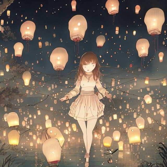 Prompt: Kate Greenaway, Japanese anime,  surreal　wondrous　strange　Whimsical　fanciful　Sci-Fi Fantasy　Toronto Night View　Flying lanterns　Solo girl, hyperdetailed high resolution high quality high definition masterpiece