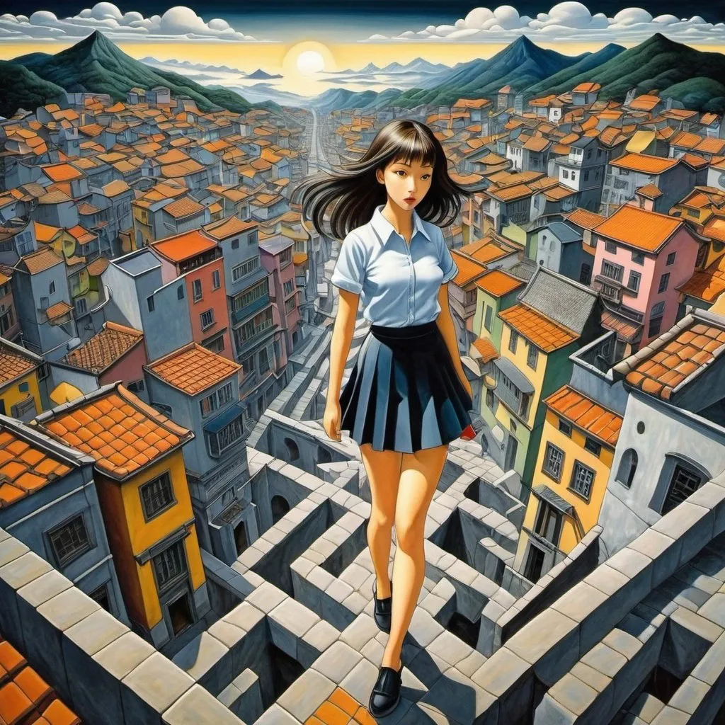 Prompt: M c Escher full colours, Naoyuki Kato, Surreal, mysterious, bizarre, fantastical, fantasy, Sci-fi, Japanese anime, death of God, metaphysical painting, a plaza shrouded in silence, an endless road, a meaningless world, the lingering shadow of a beautiful girl in a miniskirt, perfect voluminous body, a machine called geometry, detailed masterpiece low high angles