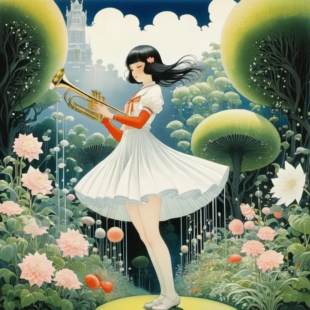 Prompt: Kay Nielsen, Maki Enjōji, Lívia Rusz, Gazmend Leka, Yu asagiri, Surrealism, wonder, strange, fantastical, fantasy, Sci-fi, Japanese anime, beautiful high school girl in a miniskirt watering trumpet flowers, perfect voluminous body, imaginary garden, flower bed of imagination, detailed masterpiece 