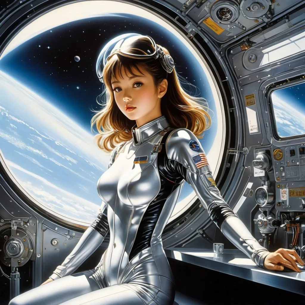 Prompt: Naoyuki Kato, Hajime sorayama, Juhani Jokinen, Fred Gambino, Surrealism, wonder, strange, bizarre, fantasy, sci-fi, Japanese anime, space station cafe, stars as far as the eye can see, beautiful girl in a mechanical suit, perfect voluminous body, watching a space fighter take off, detailed masterpiece cinematic lighting 