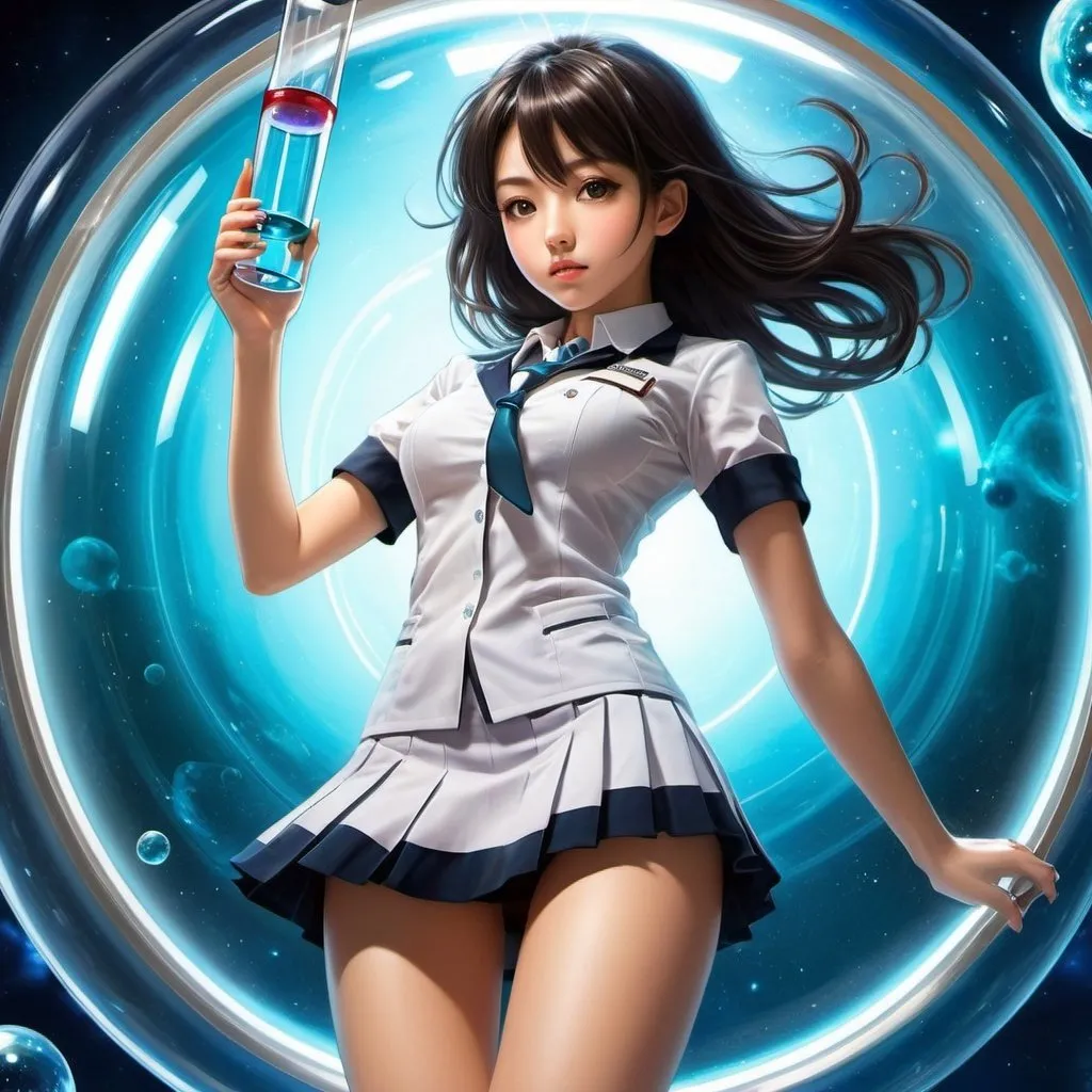 Prompt: Paul Colin, Debi Gliori, Thomas Mackenzie  art, Surrealism, wonder, strange, bizarre, fantasy, Sci-fi, Japanese anime, eternity in a test tube, time experiment, miniskirt beautiful high school girl likes science, perfect voluminous body, dynamic action poses, detailed masterpiece 