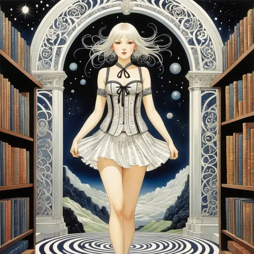 Prompt: Kay Nielsen, Carolina Zambrano, Surreal, mysterious, strange, fantastical, fantasy, Sci-fi, Japanese anime, transparent labyrinth, Gutenberg's galaxy, paper memory, miniskirt beautiful girl librarian, perfect voluminous body, detailed masterpiece 