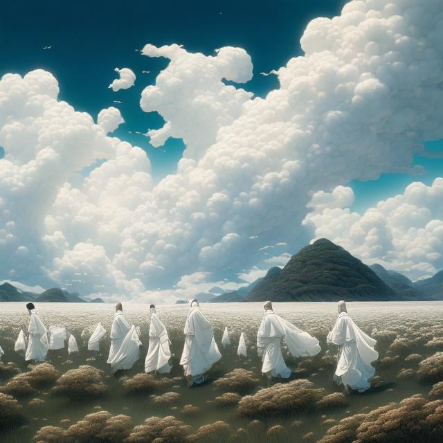 Prompt: Franklin Booth, James Jean, A E Marty, surreal, mysterious, strange, fantastical, fantasy, sci-fi, falling from between the clouds, captured and reduced to bones, in a field of white hakama, detailed, high resolution high definition high quality masterpiece 
