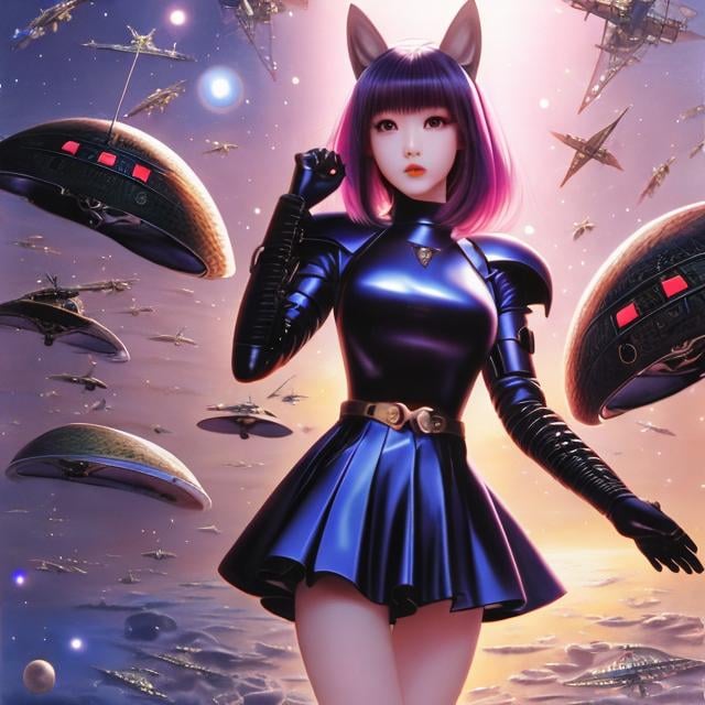 Prompt: Yuu Watase, Rowena Morrill, Surreal, mysterious, strange, fantastical, fantasy, Sci-fi, Japanese anime, Tokyo city, miniskirt pretty girl fighting against Martians, Earth Defense Force, beautiful girl in skintight armored suit, perfect voluminous body close combat, dynamism, detailed masterpiece 