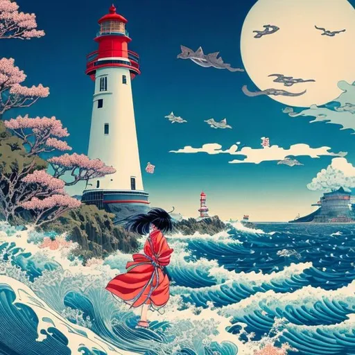 Prompt: Ukiyoe-style anime, wonder, bizarre, fantastic, surreal fantasy, sci-fi fantasy, lighthouse at the end of the galaxy, jumping whale, beautiful girl in tight kimono watching whale jump, hyperdetailed high definition high resolution high quality masterpiece