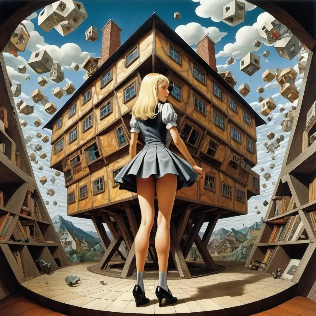 Prompt: Hans Waldemar Wessolowski, M C Escher full colours, Surreal, mysterious, strange, fantastical, fantasy, Sci-fi, Japanese anime, a polyhedral geometric three-dimensional house that keeps changing its shape, the mathematical formula of a symphony orchestra, the world of physics, blonde miniskirt beautiful girl Alice, perfect voluminous body, detailed masterpiece 