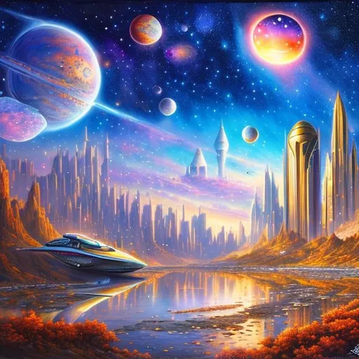 Prompt: John Stephens style, city on mars, spaceship landing, girl on flying scooter, detailed, see galaxy in sky above, sketch and water colour, hyperdetailed high definition high quality high resolution masterpiece