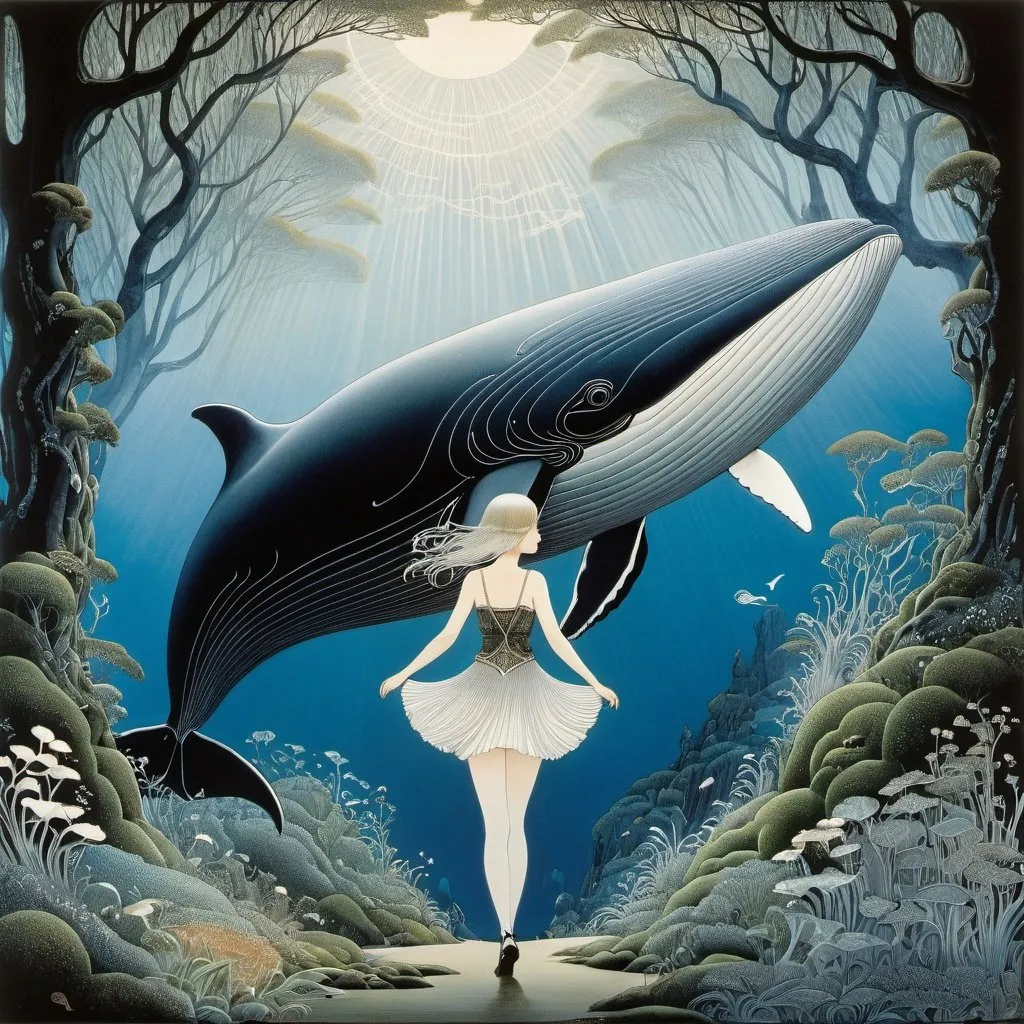 Prompt: Kay Nielsen, Alexander Sharpe Ross, Surreal, mysterious, strange, fantastical, fantasy, Sci-fi, Japanese anime, wirework whale, forest sea, miniskirt beautiful girl hunter, perfect voluminous body, detailed masterpiece 