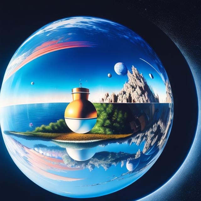 Prompt: Herbert MacNair, Katsuhiro Otomo, Surreal, mysterious, strange, fantastic, fantasy, Sci-fi, Japanese anime, trompe l'oeil geometry, universe in a cup, beautiful girl, rotation and reflection, spherical symmetry, detailed masterpiece cinematic lighting 