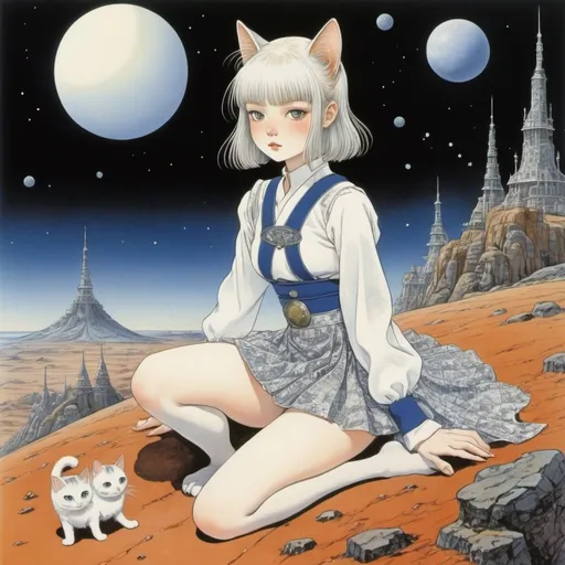 Prompt: Kay Nielsen, Axel Scheffler, Masamune Shirow, Yuu Watase,  Patricia Polacco, Surrealism Mysterious and Weird Fantastic Fantasy Science Fiction, Japanese Anime, Picnic on Mars, Horoscope, Miniskirt Beautiful Schoolgirl and Cat, perfect voluminous body, detailed masterpiece 