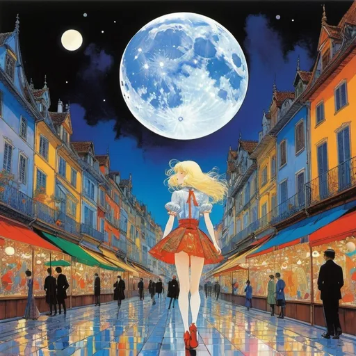 Prompt: Harry Clarke, Don Davis, Hiromi Matsuo, Ricardo de los Ríos full colours, Carles Fontserè, Joan Junceda, Surrealism, wonder, strange, bizarre, fantasy, Sci-fi, Japanese anime, full moon of melting glass, perpetual motion machine in the town square, sleeping blonde miniskirt beautiful girl Alice, perfect voluminous body, detailed masterpiece low high angles perspectives 