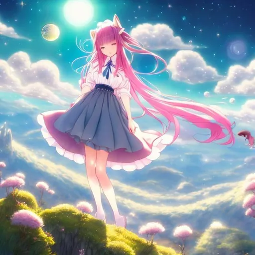 Prompt: Katsura Hoshino, Cicely Mary Barker, Surreal, mysterious, bizarre, fantastical, fantasy, Sci-fi, Japanese anime, beautiful blonde miniskirt girl Alice in a miniskirt watching a meteor shower fall in the dusk on top of a hill, cat with her, deep space, romantic, bird's-eye view, detailed masterpiece depth of field cinematic lighting 