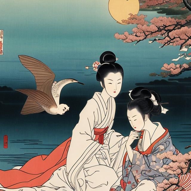 Prompt: Ukiyo-e , Margaret Tarrant, Richarde Doyle, Japanese Anime, hand drawn style, Surreal Mysterious Weird Fantastic Sci-fi Fantasy Oasis Girl Meeting of the Moon and the Sun