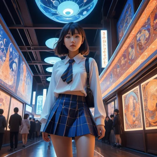 Prompt: Sana Takeda, Irina Dobrescu, Josef Paleček, Syd Mead, Naoyuki Kato, Surrealism Mysterious Weird Fantastic Fantasy Sci-fi, Japanese Anime From inside the magic lantern Lens, projection, concave mirror Phantasmagoria miniskirt beautiful high school girl, perfect voluminous body, detailed masterpiece 