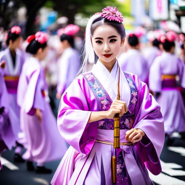 Prompt: ALEXANDRA GALLAGHER, Anne Anderson, Surreal, mysterious, strange, fantastical, fantasy, Sci-fi, Japanese anime, Alice, a beautiful blonde miniskirt kimono girl participating in the Awa Odori dance in Koenji, perfect body, the audience is very excited, fun, dynamic, detailed masterpiece 