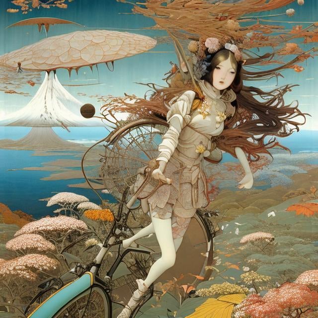 Prompt: A Japanese style　Richard Dadd Anime　surreal　fanciful　wondrous　strange　Whimsical　Sci-Fi Fantasy　Girl Alice　Autumn leaves parachute　blue-sky　bicycle　Cafe Hyperdetailed high resolution high quality masterpiece