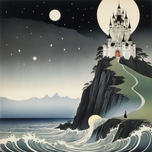 Prompt: Kay Nielsen, Jessie Gillespie, Surreal, mysterious, bizarre, fantastical, fantasy, Sci-fi, Japanese anime, a stone of movement and vision, designed to take the shape of a hand, a castle overflowing with the wine of the Rhine, my wild bed, the soliloquy of a little sun dreaming of the night, the rain A miniskirt beautiful girl rising to the moon again. Perfect voluminous body, detailed masterpiece 