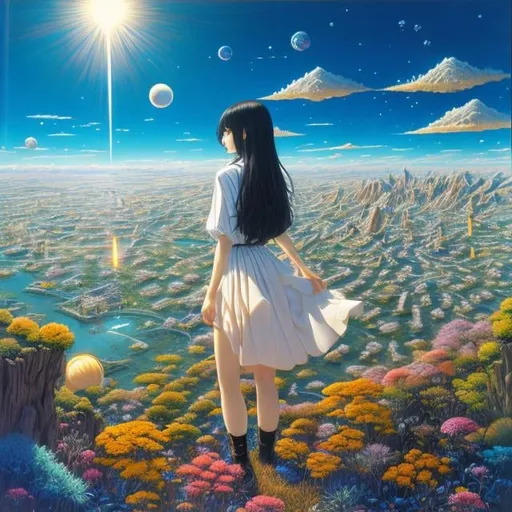 Prompt: Hiroshi Masumura, surreal, mysterious, strange, bizarre, fantasy, Sci-fi fantastic, Japanese anime, age of integration, consciousness, philosophy, religion, science, creativity, extraterrestrial civilization, past life, future life, parallel life, multidimensional self, time and space, miniskirt girl, detailed masterpiece 