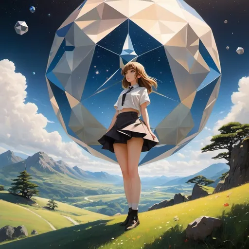 Prompt: Pierre Roy, Ruth Reeves, Surreal, mysterious, strange, fantastic, fantasy, Sci-fi, Japanese anime, abstract, geometric, landscape, polyhedron, sphere, star shape, floating, rolling, thinking miniskirt beautiful girl, height angles low angle perspectives detailed masterpiece 