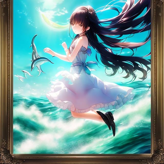 Prompt: Kozue Amano, BERTHA CORBET MELCHER, Mysterious Surreal Fantastic Fantasy Sci-Fi, Japanese Anime, Ocean in a Picture Frame, Jumping Dolphin, Art-loving Miniskirt Beautiful Girl, perfect voluminous body, detailed masterpiece 