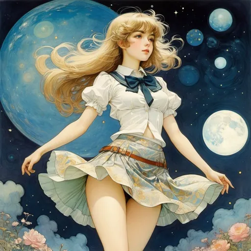 Prompt: Charles Robinson, Henry Justice Ford, James Matthew Barrie, Surreal, mysterious, strange, fantastical, fantasy, Sci-fi, Japanese anime, material imagination, the right to dream, the changes and trends of science, can ink create a universe?, Beautiful high school girl in a miniskirt, perfect voluminous body, detailed masterpiece 