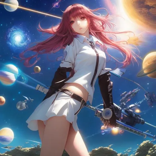 Prompt: Masamune Shirow, Kenji Tsuruta, Charles Doyle, A E Marty, Japanese Anime, Surreal Mysterious Weird Fantastic Sci-Fi Fantasy, Library Galaxy, Miniskirt High School Girl Studying, perfect voluminous body, beautiful girl, solar system planets floating around girl, hyper detailed, realistic, high resolution high definition high quality masterpiece 