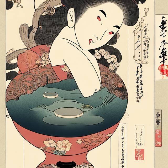 Prompt: Ukiyo-e style　animesque　wondrous　strange　Whimsical　Sci-Fi Fantasy　Moon sinking to the bottom of the cup　a bar counter　adult lady