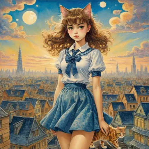 Prompt: Henryk Plociennik, Louis Wain, Surreal, mysterious, strange, fantastical, fantasy, Sci-fi, Japanese anime, painting the sky with fantasy paints, a beautiful high school girl in a miniskirt, perfect voluminous body, a city of cats standing and walking, detailed masterpiece 