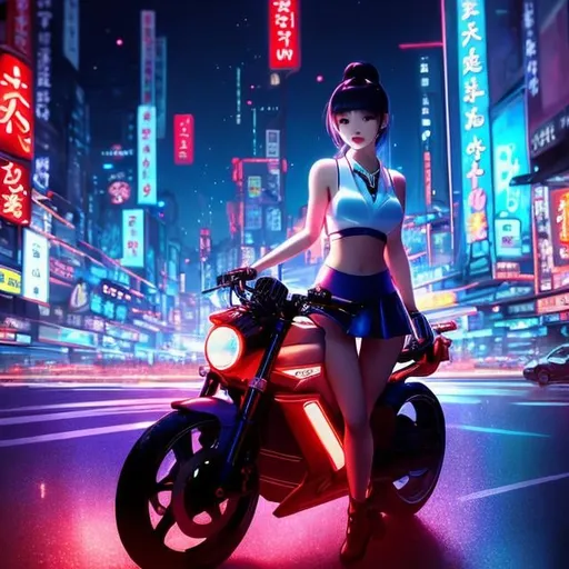 Prompt: Margaret Tarrant, James Jean, Katsuhiro Otomo, surreal, mysterious, strange, fantastic, fantasy, Sci-fi, Japanese anime, miniskirt beautiful combat girl Alice, perfect voluminous body, riding a motorcycle, night city, huge moon, neon sign, night view, hyper detailed masterpiece depth of field cinematic lighting 