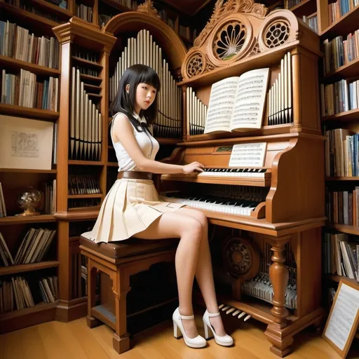 Prompt: Rotraut Susanne Berner, Chiho Saito, jamese Jean, Rie Cramer, Seiichi Hayashi, Surrealism, strange, bizarre, fantastical, fantasy, Sci-fi, Japanese anime, library and printing technology, miniskirt beautiful girl playing the organ, perfect voluminous body, space tree, detailed masterpiece 